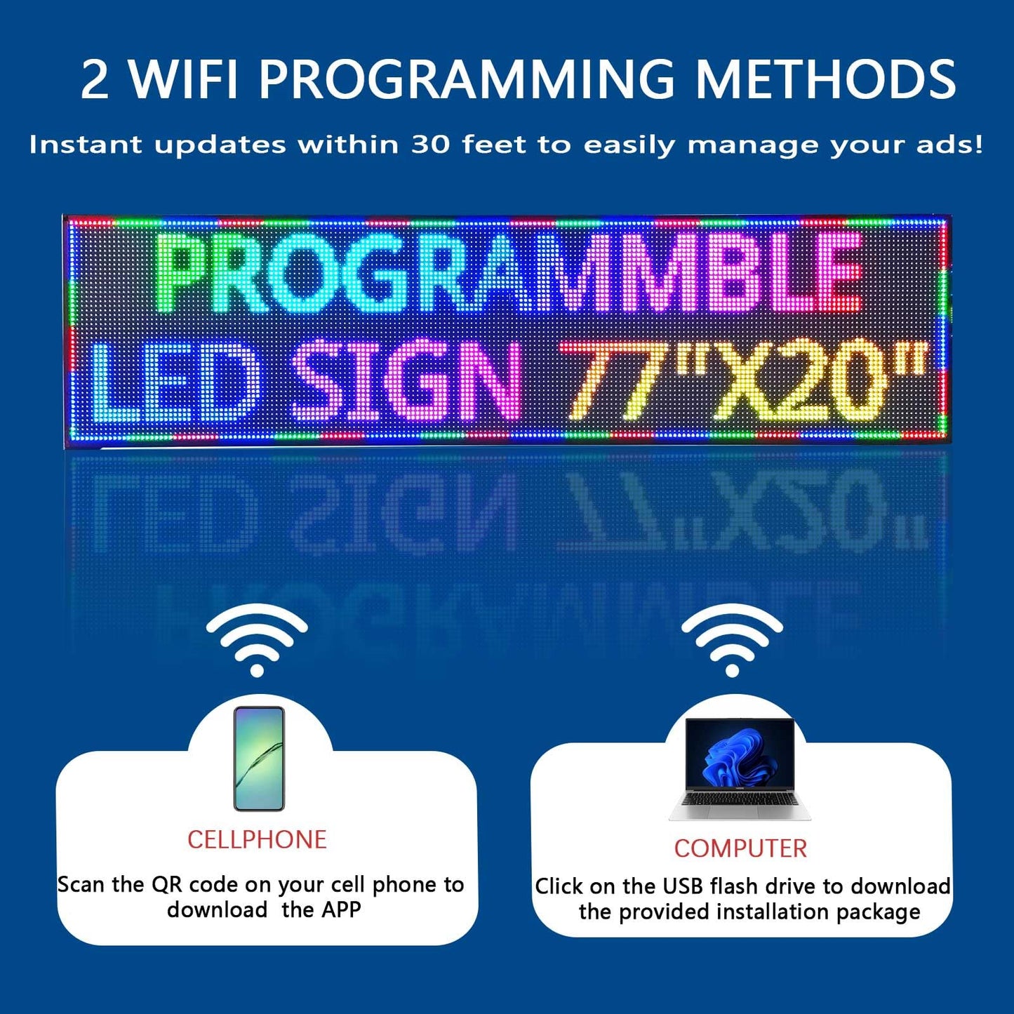 HS Programmable Scrolling Led Sign, Digital Signs Outdoor Waterproof ,Electronic Message Display Board ,Open neon Signs, Full Color High Brightness Big P10 77’’x20’’for Business Store Advertisement Public, APP control