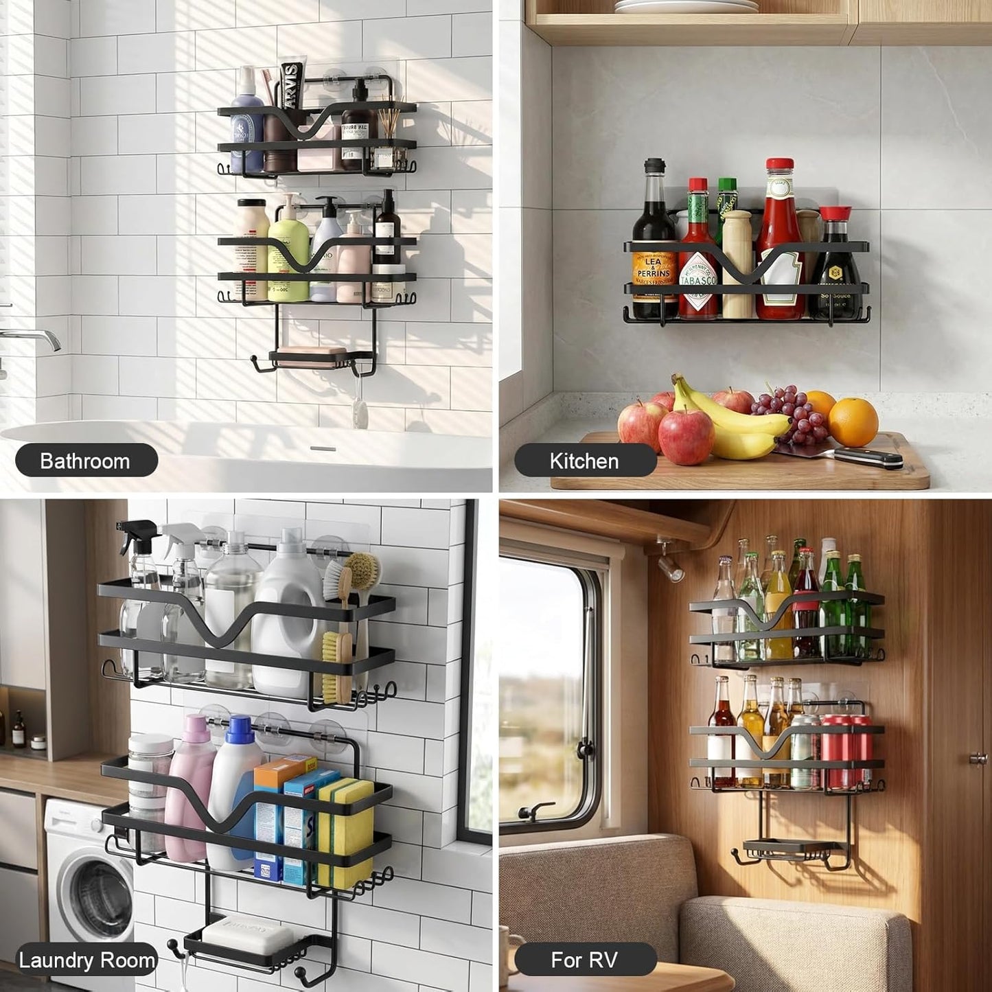 Regine Switzerland Shower Caddy 3 Pack - Rustproof No Drill Organizer with Soap Dish & Hooks | Black