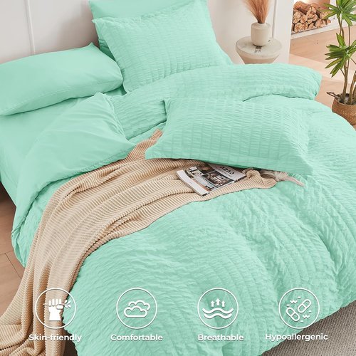 HYMOKEGE California King Comforter Set - Mint Green Seersucker 7-Piece Luxury Bedding Set
