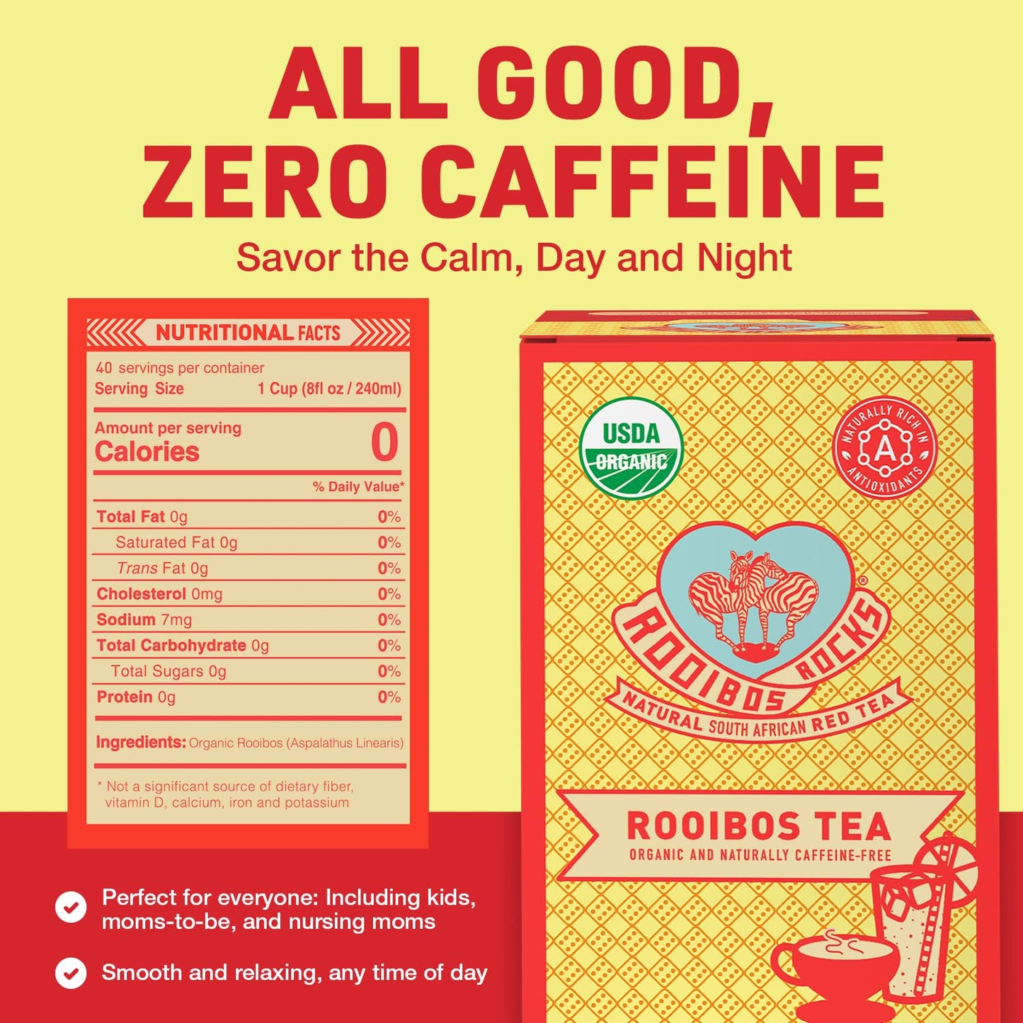 Caffeine Free Red Rooibos Tea Bags 40 - Naturally Sweet Herbal Tea Safe for Children and Pregnant Women - Low Tannin, Premium Organic Rooibos Tea Sustainably and Ethically Farmed in South Africa