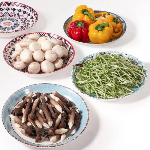 Artena Pasta Bowls Set - 20oz Porcelain Salad Bowls | 8-Inch Colorful Dinner Plates in Blue Peony