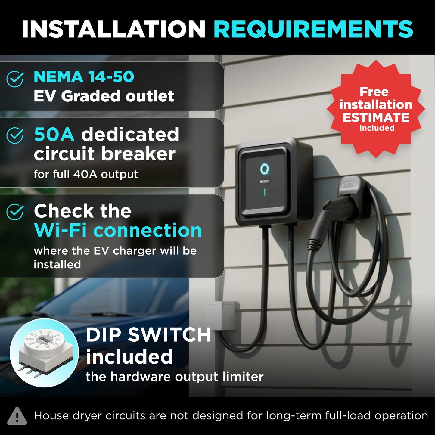 EVIQO Level 2 EV Charger, 40 Amp 240V, J1772 for Non-Tesla EVs, 25ft Cable, WiFi (2.4GHz) Smart App, Weatherproof Indoor/Outdoor (IP66, NEMA 4), UL & ETL Certified, NEMA 14-50 Plug-in, 9.6kW