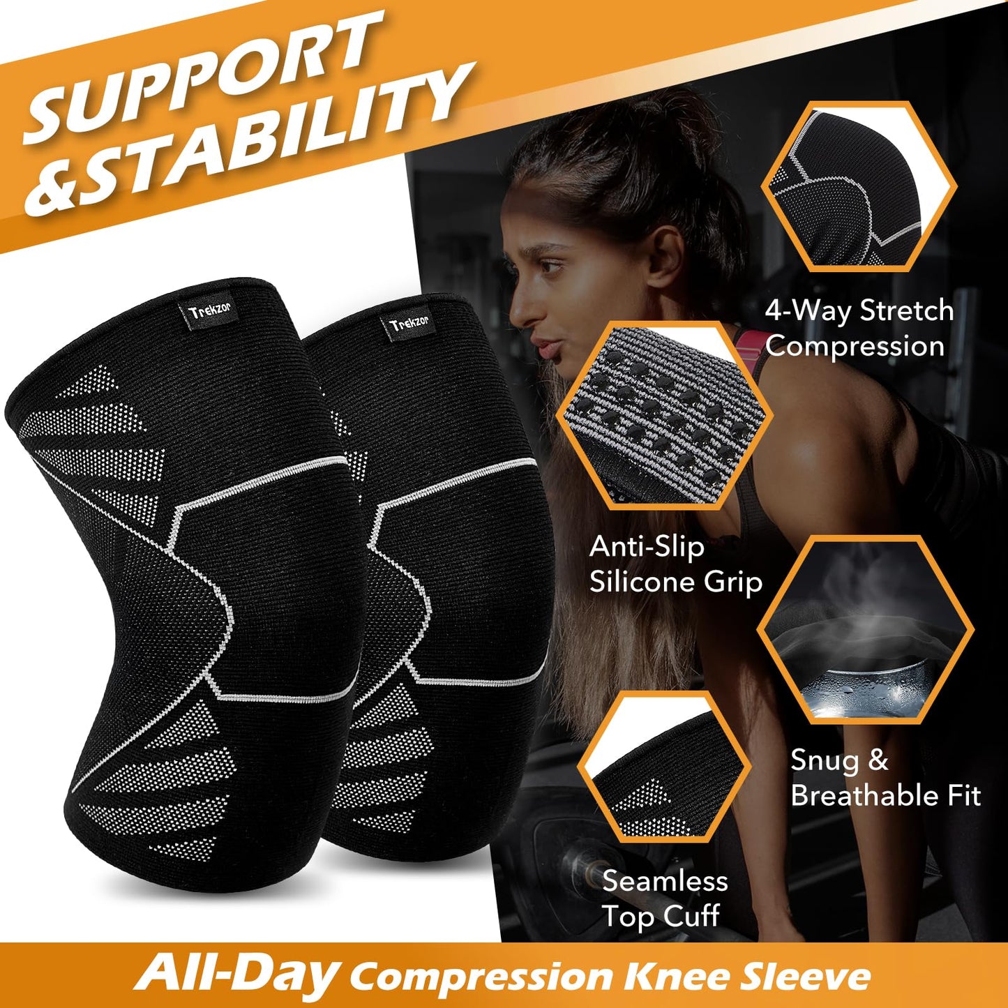 Trekzor Knee Brace for Women and Men, Knee Compression Sleeve for Running, Gum, Hiking, and Workout, Knee Brace For Arthritis Pain, Knee Pain, and Support (Pair, Black, Large)