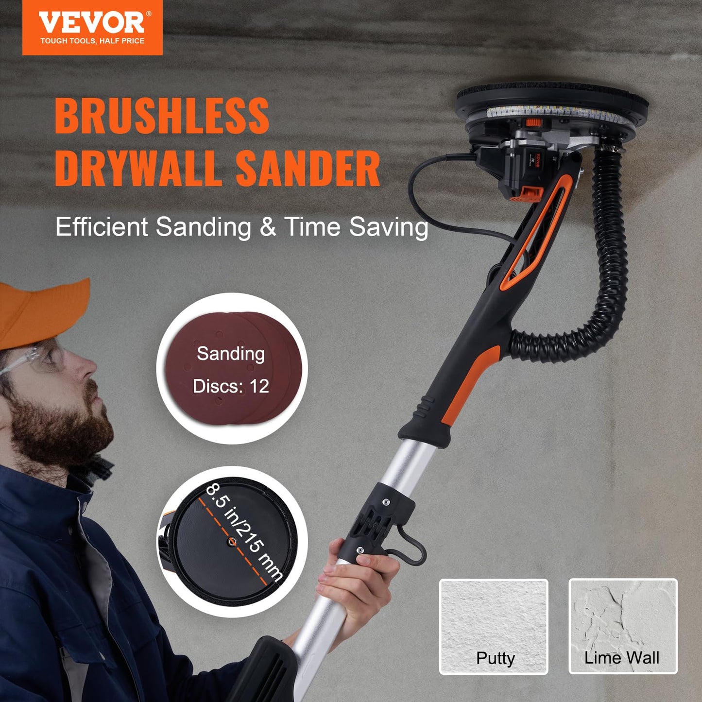 VEVOR Drywall Sander, 800W Brushless Motor Electric Sander, Variable Speed 1000-2300 RPM, Foldable Ceiling Sander with Double-Deck LED Lights, Extendable Handle, 12 Sanding Discs