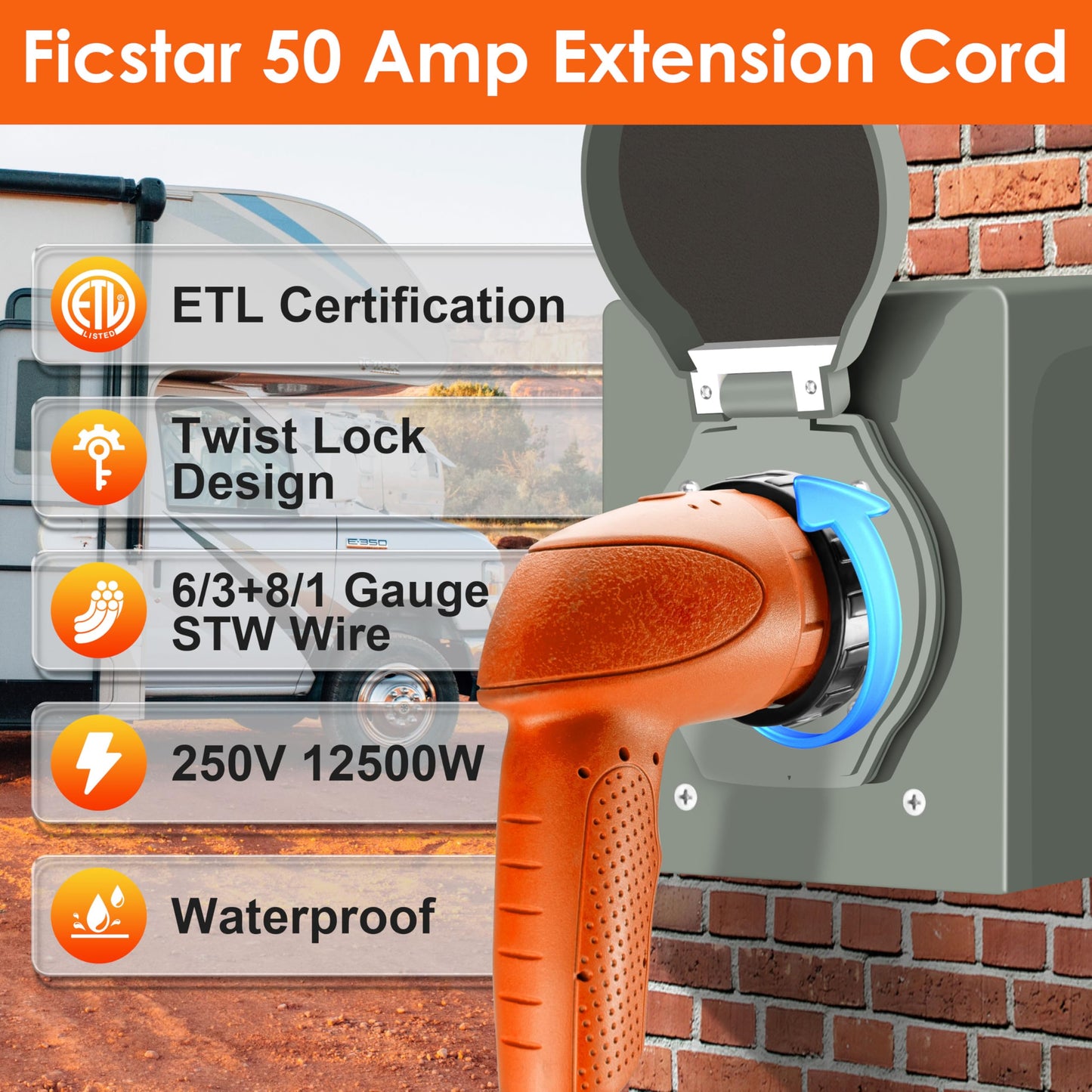 50 Amp RV Extension Cord 75 ft, Heavy Duty 6/3+8/1 SJTW AWG RV Power Cord with Grip Handle Twist Lock, NEMA 14-50P to SS2-50R with LED Indicator