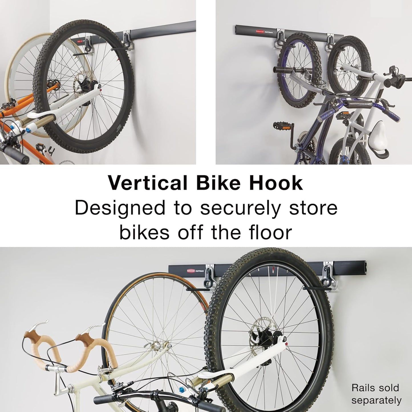 Rubbermaid FastTrack Vertical Bike Hook - Heavy-Duty Wall Mount Hanger Holds Up to 50 Pounds | Black