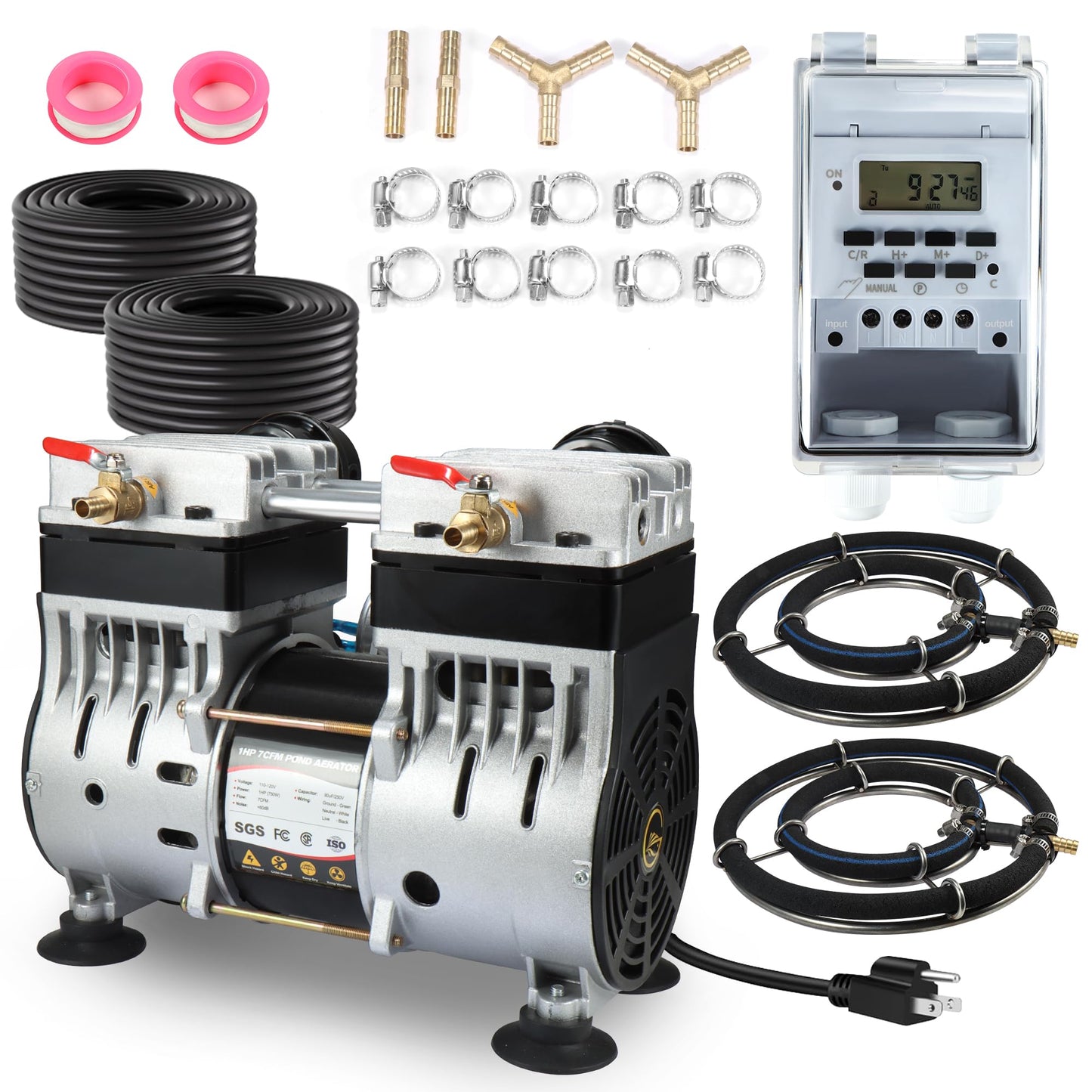 Goldlife A1 Pond Aerator, 1HP 750W 110V/120V 7CFM Aerartion System for Up to 5 Acre Lake, With Air Compressor & 2 100FT Tubings & 2 Diffusers & Timer, for Outdoor Ponds Water Oxygen Circulation