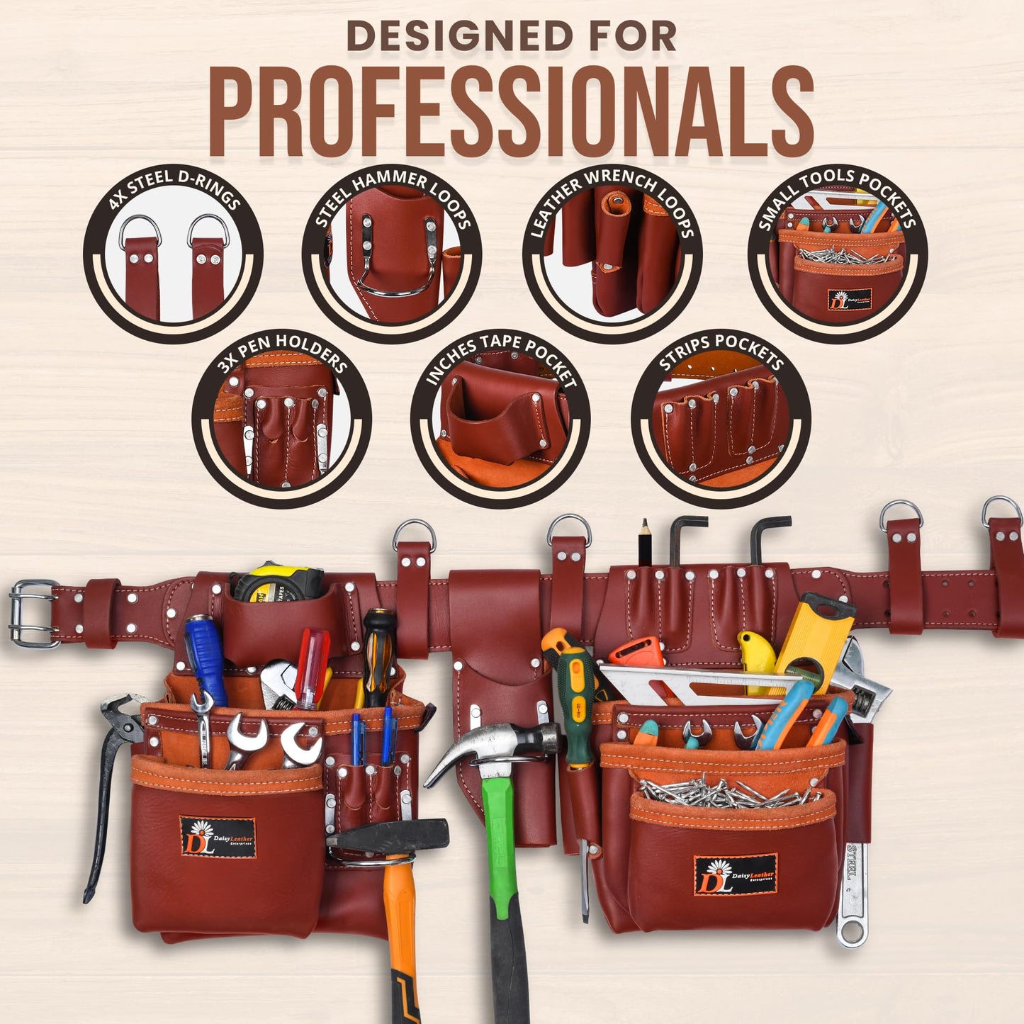 Daisy Leather PRO DL-101 Oil tanned Premium 25 pockets Heavy duty Tool Belt, Carpenter belt Pouch for Construction, Carpenter, Craftsman and Electricians workers, Black, X-Large (Cherry Leather)