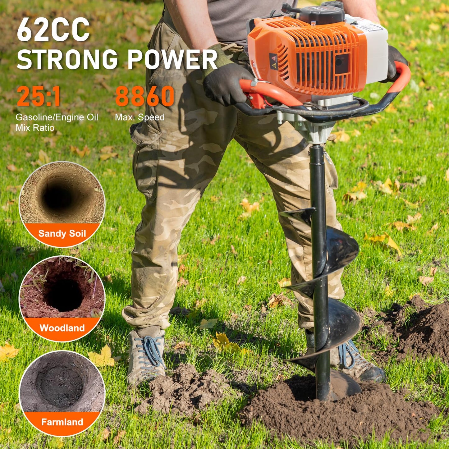 62CC Newly Upgraded Post Hole Digger Gas Powered, 2 Stroke Auger Post Hole Digger with 2 Drill Bits (6" & 8") + 1 Extension Rod for Planting - Ideal for Farm & Garden - Orange (62 CC)