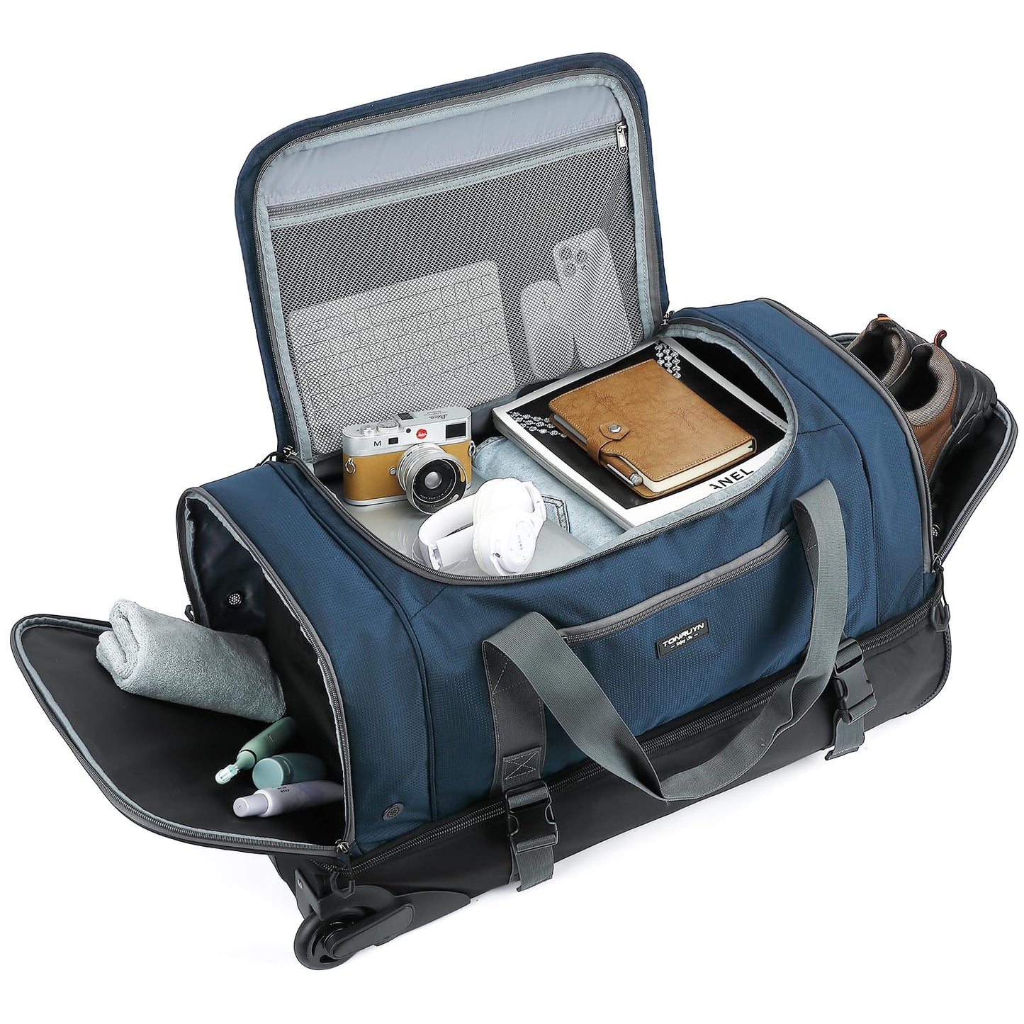 TONRUYN 100L Large Rolling Duffle Bag with Wheels and Handle, 29inch 2-Wheeled Travel Duffel Luggage with Rollers, Rolling Gym Bag with Shoe Compartment & Wet Pocket, Double-layer Space, Blue