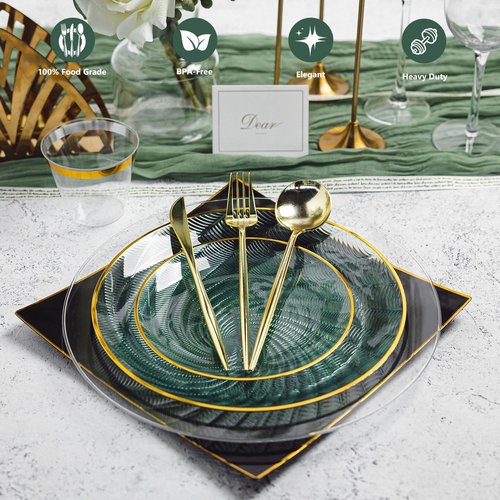 N9R 180 PCS Disposable Dinnerware Set with Gold Rim for 30 Guests,Green Plastic Plates Include 30 Dinner Plate, 30 Dessert Plates, 30 Cups, 90 Heavy Duty Gold Plastic Silverware for Party & Wedding