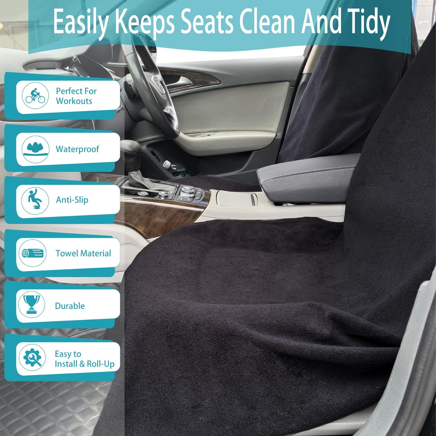 Teuaktty Car Seat Covers Universal Car Protective Front Seat Covers Washable Non-Slip Seat Protectors for Gym Workouts,Waterproof and Sweatproof Towel Seat Covers for Cars,Trucks, Jeeps (Black)