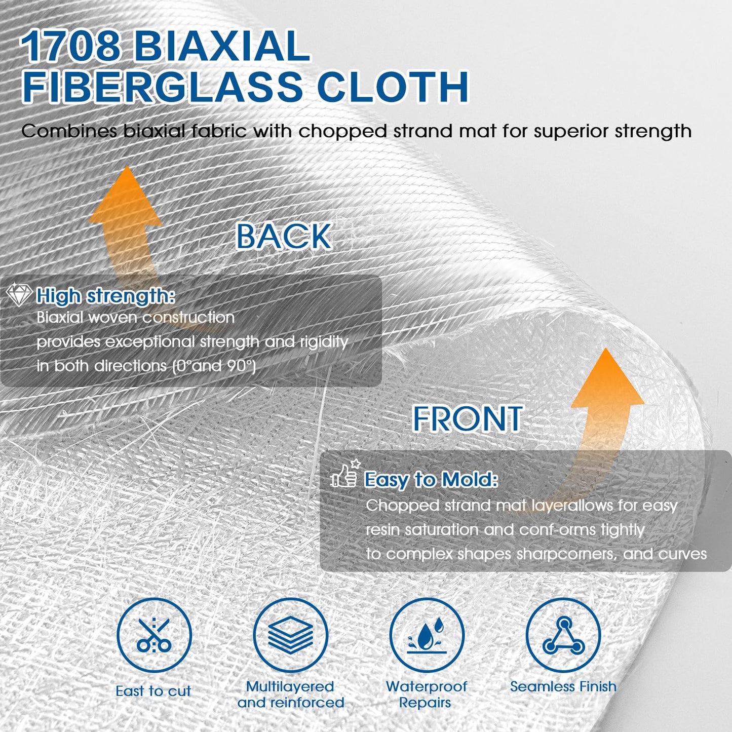 ZXQDRE 1708 Biaxial Fiberglass Cloth Mat Roll, 50" x 540" Heavy Duty Fiber Glass Cloth for Boat, Automotive and Roofing | DIY Epoxy & Polyester Compatible Fiberglass Repair Sheet