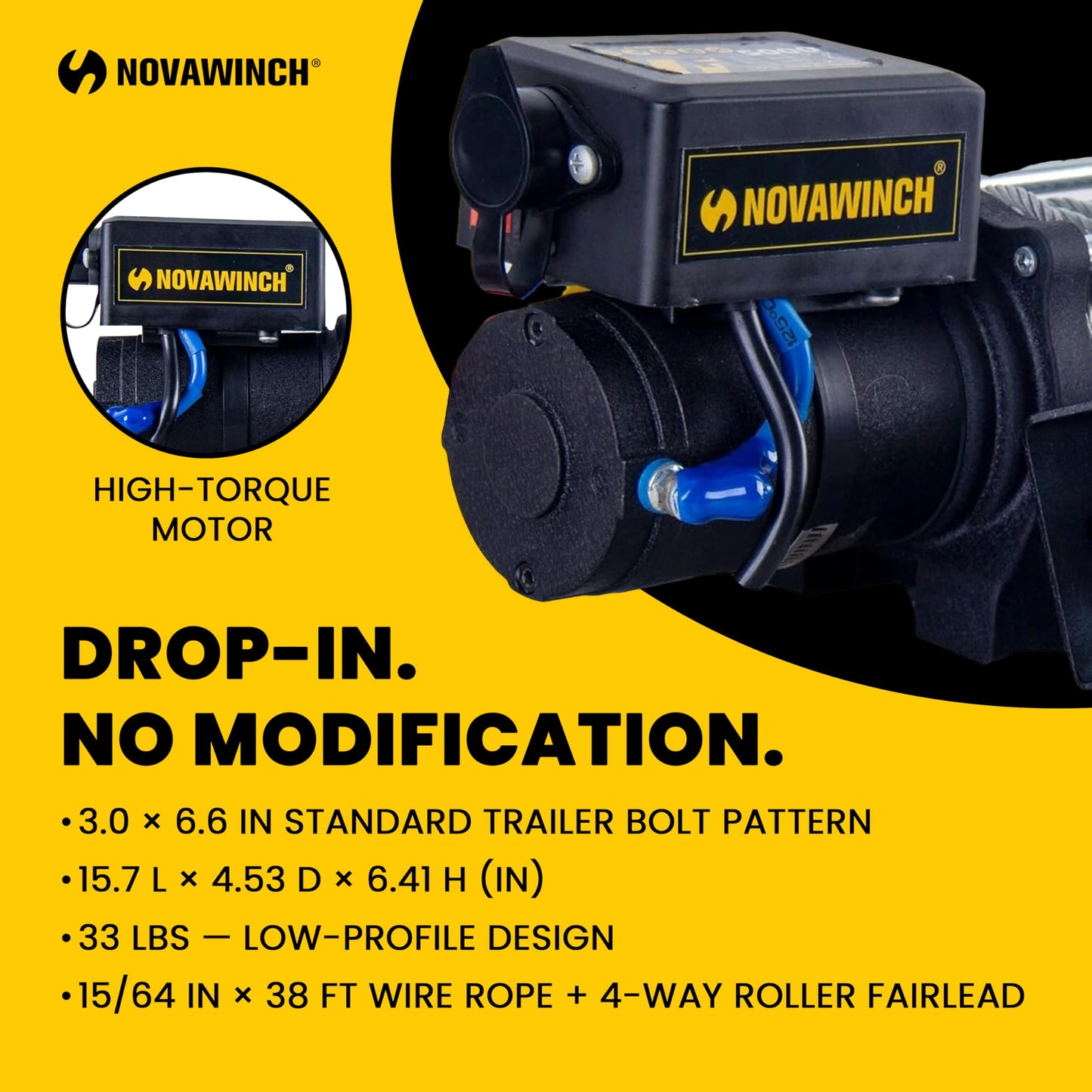 Novawinch Flex 5000 lb Trailer Winch 12V Electric - IP68 Sealed Planetary Gearbox, Wire Rope, Auto Load-Holding Brake, Waterproof Remote - Flatbed, Boat Trailer, Equipment Hauler, Car Hauler, SAE
