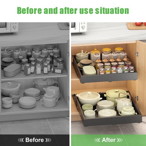 2 Pcs Pull Out Drawers for Cabinets Organizer Expandable Width(11.8"-19.4"), Depth(16.45"-21.7") With 3 Rails, No Drill Roll Out Drawer, Adhesive Sliding Drawers for Kitchen Pantry Storage (Black)