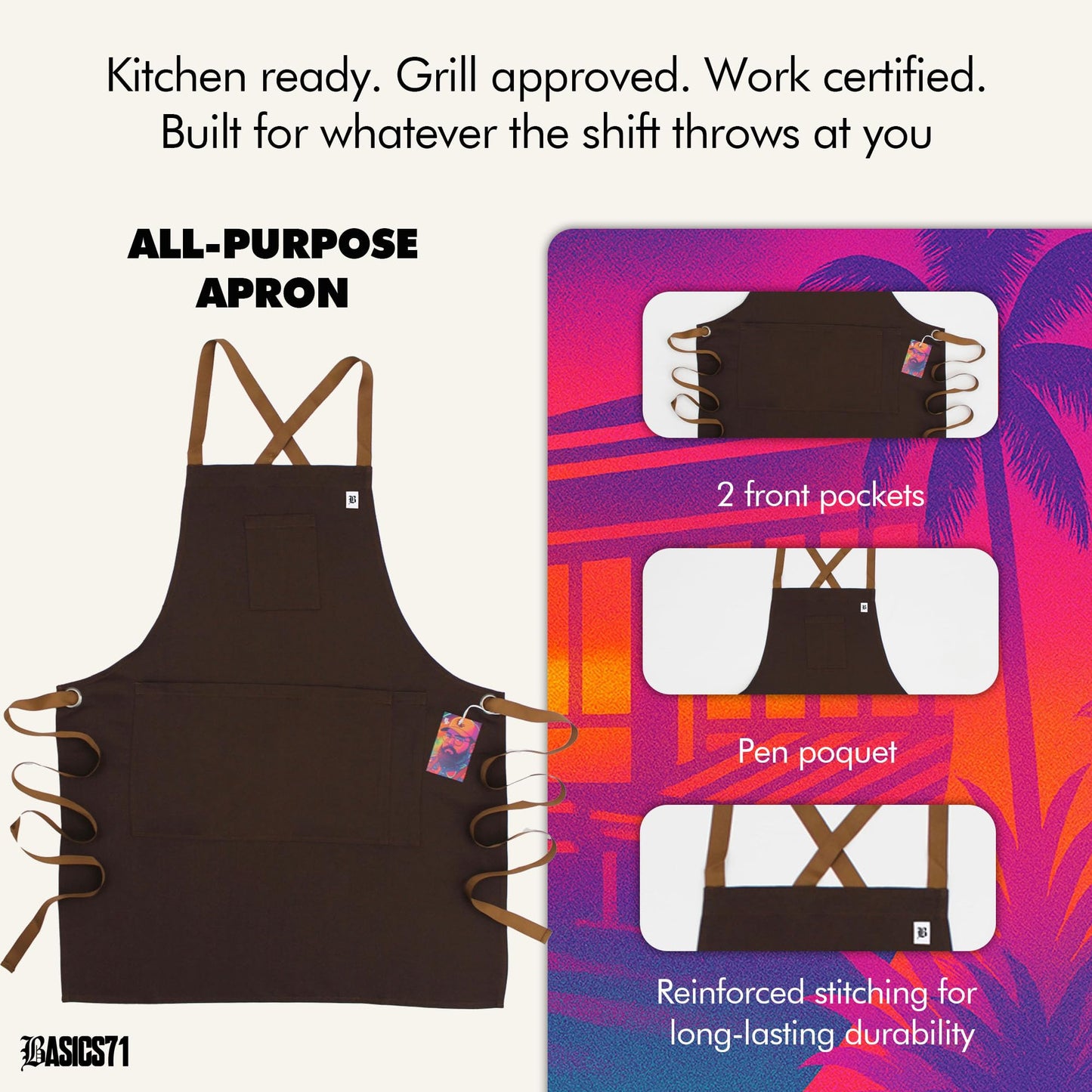 Basics71 Multi-Purpose Chef Apron – Kitchen, Grill & Restaurant Work Apron for Men & Women – Adjustable Fit – Durable Cotton Blend – Designed for All-Day Performance (Esmerald Green)