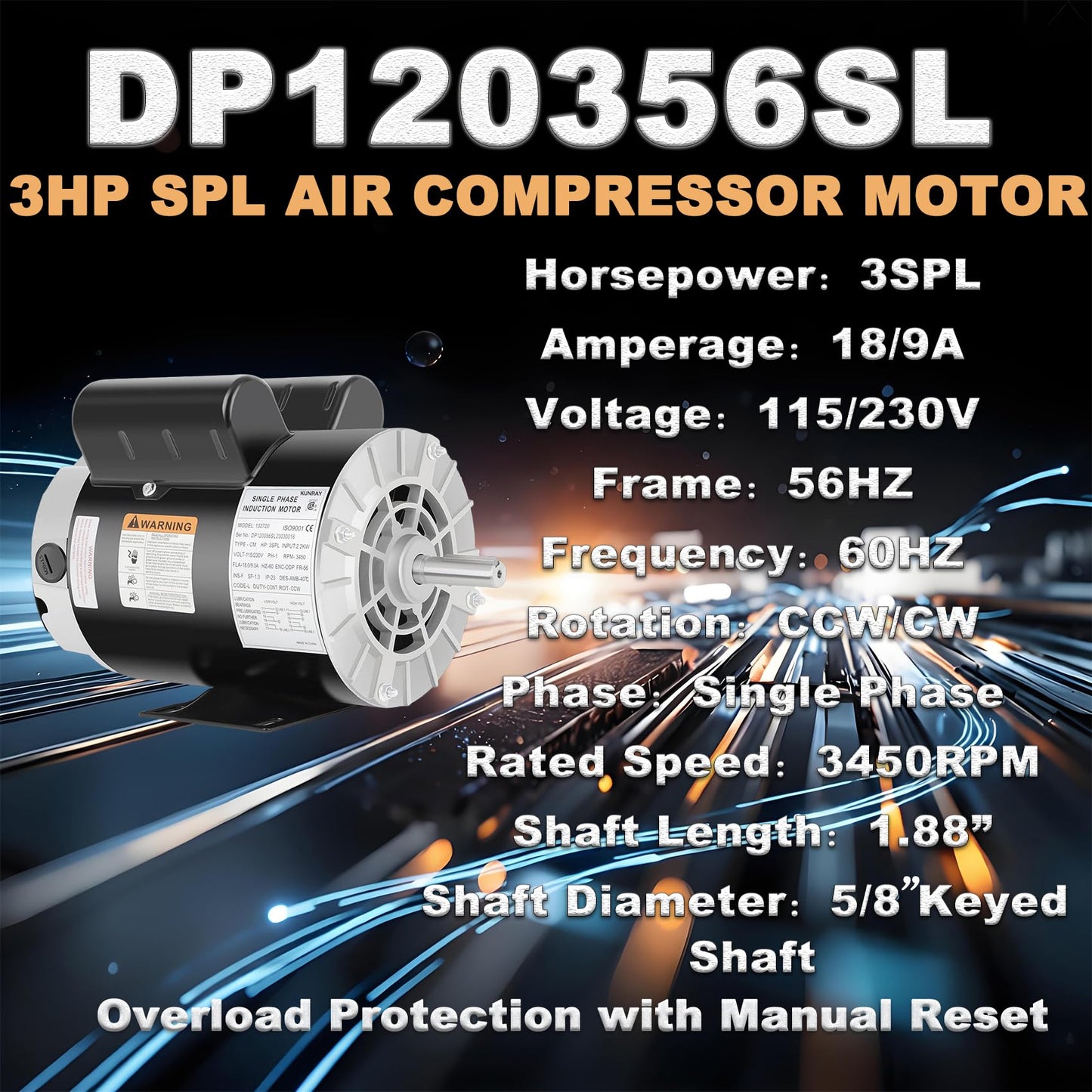 Kunray Air Compressor Motor, 3HP SPL Electric Motor, 56 Frame 3450 RPM,115/230V,18/9Amps Single Phase Motor, 5/8" Keyed Shaft, 1.88" Shaft Length 60 HZ,CCW Rotation