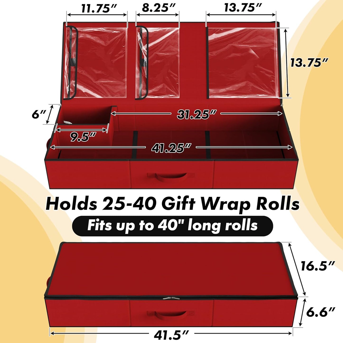 Simple Houseware Wrapping Paper Storage Organizer - Holds 40 Rolls with Adjustable Straps & Pockets, 41.5''L x 16''W, Red