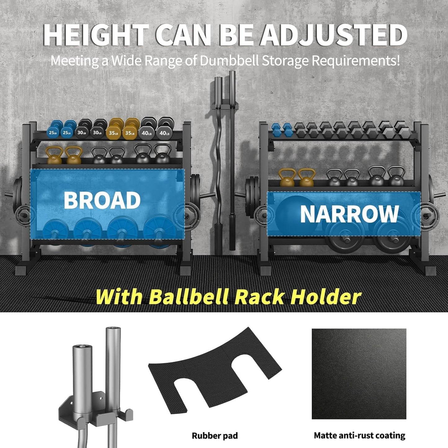 3-Tier Professional Dumbbell Rack, Commercial Grade Dumbbell Storage Rack,1800LB Capacity with Barbell Holder, Adjustable Heavy-Duty Weight Rack for Home Gym, Weight Stand for Dumbbells, Kettlebells & Weight Plates (Rack Only)