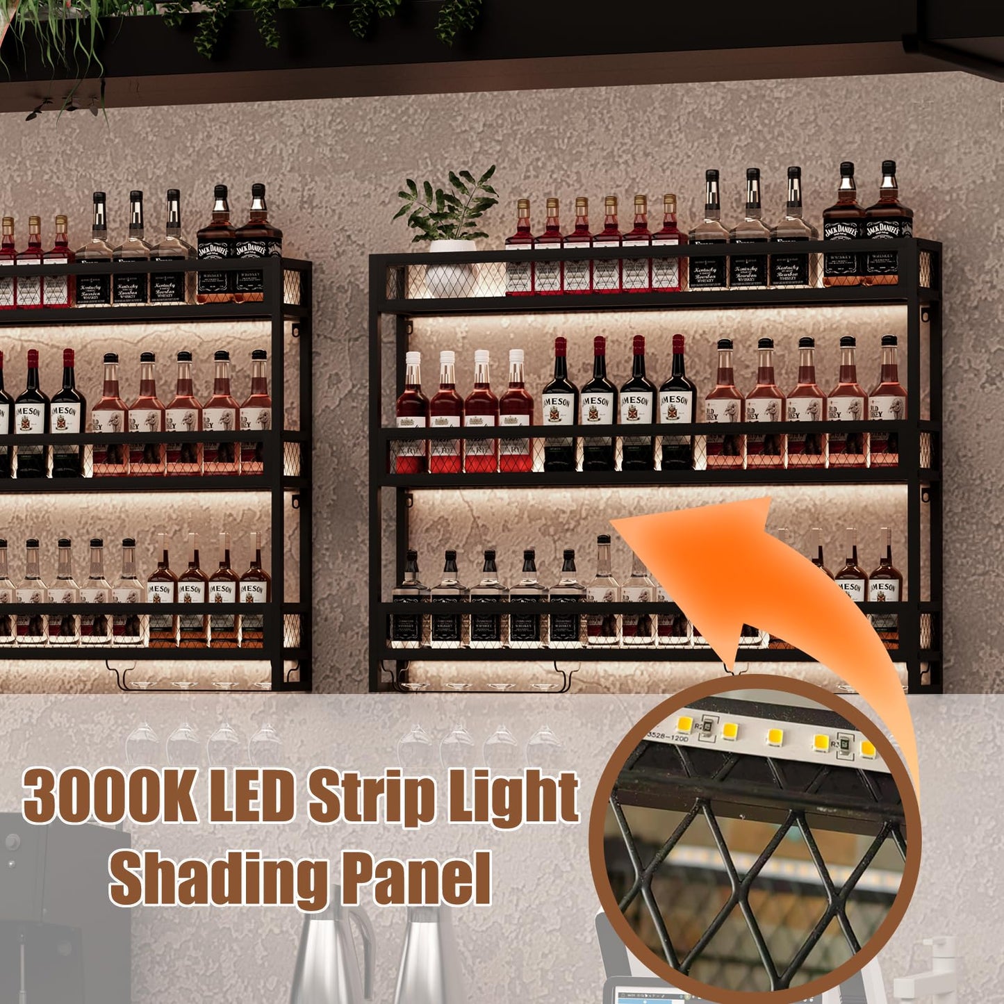 Rindaix Wine Rack with LED Light Metal Wine Rack Wall Mounted, 3-Tiers Bar Liquor Shelf with Wine Glass Holder, Industrial Liquor Bottle Display Storage Shelf for Home Bar, Dining Room (Black, 100cm)