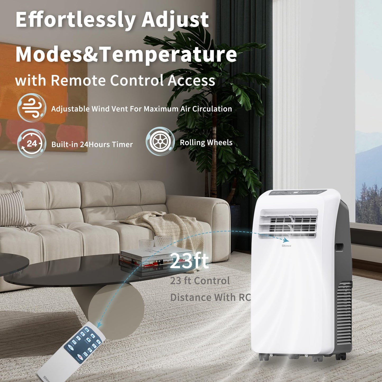 Shinco 10,000 BTU Portable Air Conditioner - 3-in-1 Cool/Dehumidifier/Fan for Rooms Up to 400 sq.ft, Remote Control & 24H Timer, Compact AC Unit for Bedroom/Office