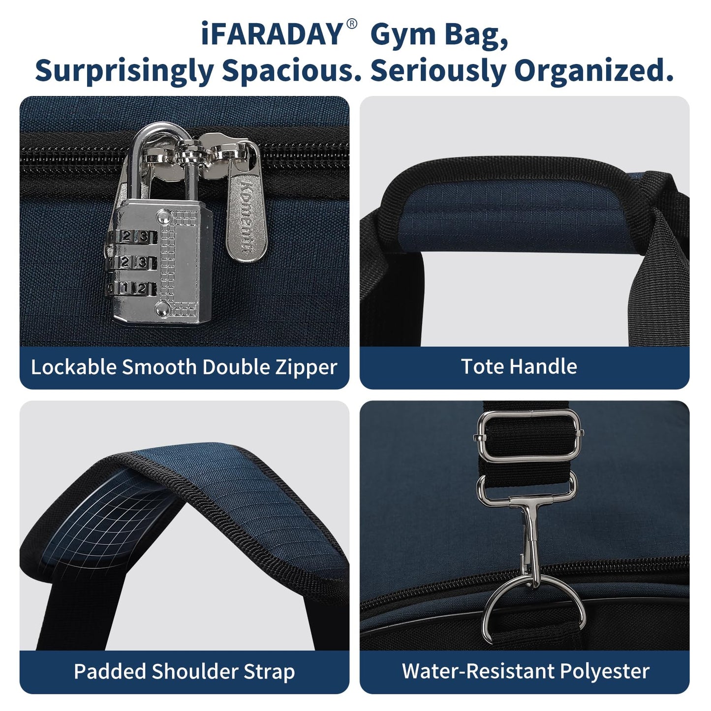 iFARADAY 52L Men's Gym Bag with Shoe Compartment - 24-inch Duffle Bag for Travel, Sports, Fitness & Workout (Navy Blue)