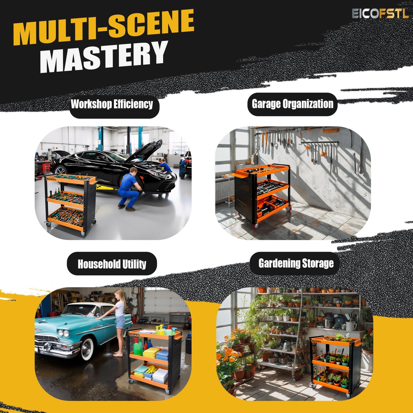 Heavy Duty Utility Cart with Pegboard, 3-Tier Metal Mechanic Tool Cart on Wheels, 500LBS Capacity Rolling Service Cart with Screwdriver Holder for Garage, Workshop, Warehouse