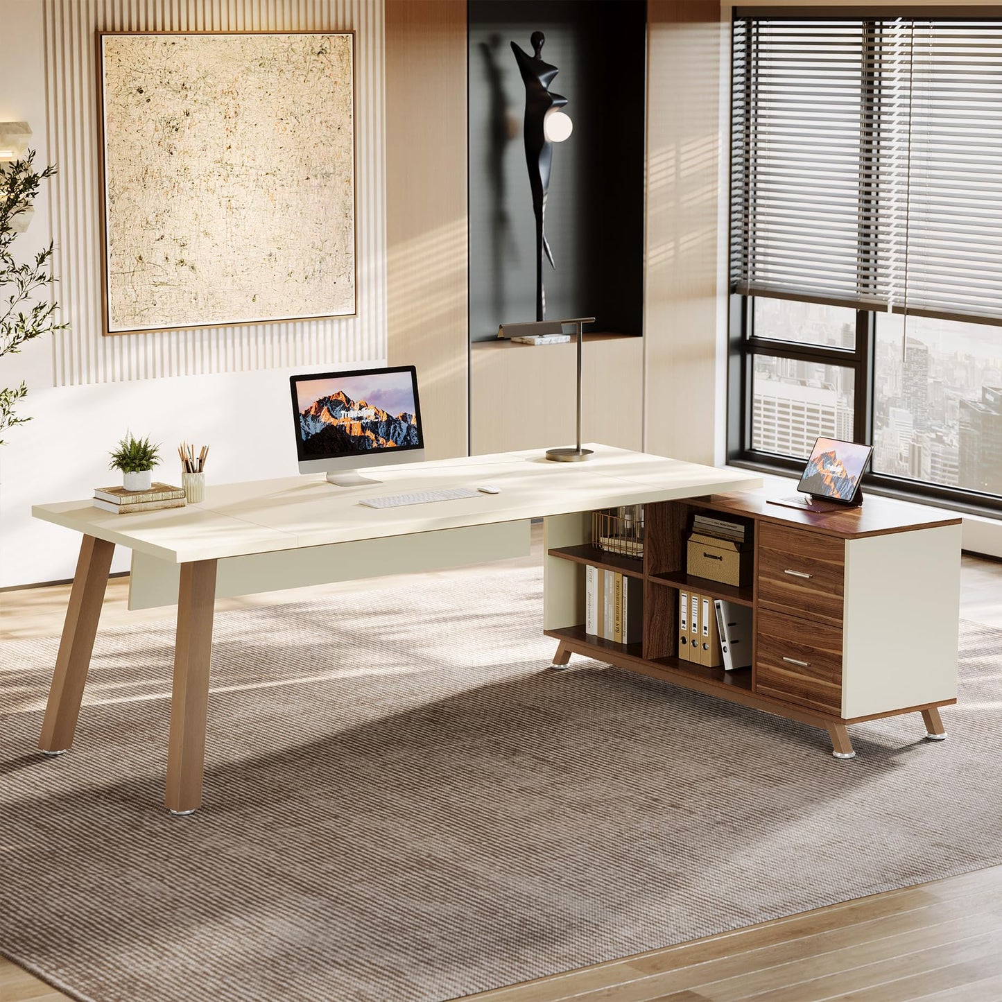 Tribesigns 78.7" L-Shaped Executive Desk, Modern Office Desk with File Drawers & Storage Shelves, Large Computer Desk with 55-Inch Cabinet, Business Workstation for Home Office, Beige & Walnut