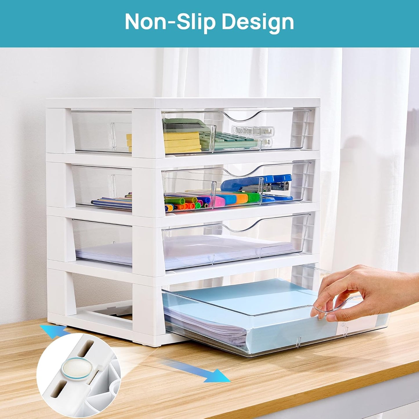 Vtopmart Clear Desk Organizer - 4-Tier Desktop File Organizer with Drawers for Office Supplies