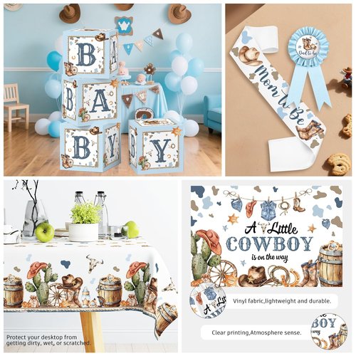 cocomigo 287Pcs Cowboy Baby Shower Decorations, All-in-1 Supplies Pack, Includes 25 Tableware, A Little Cowboy is on the Way Backdrop Tablecloth, Balloon Kit for Baby Boy Shower Decorations