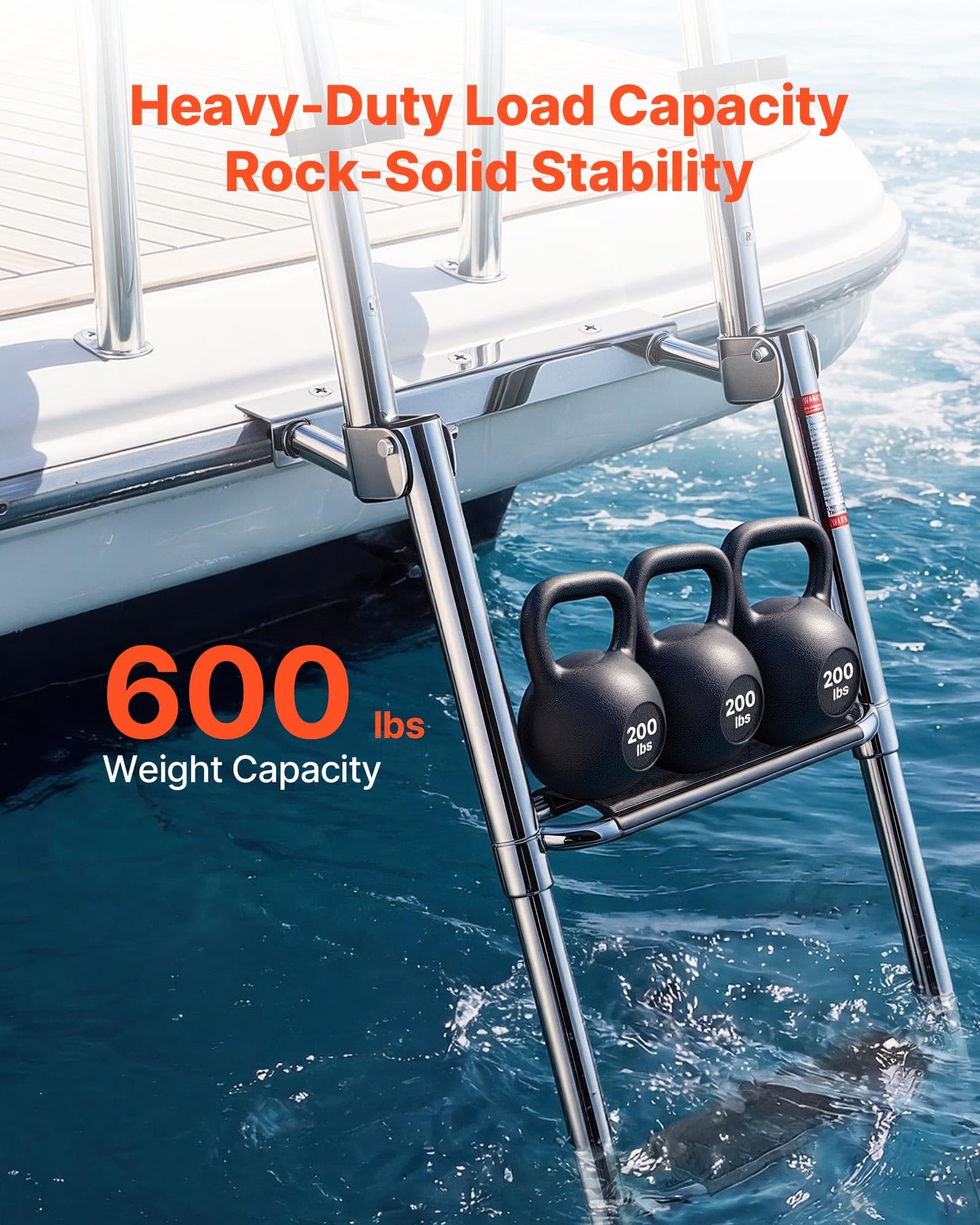 VEVOR Boat Ladder, 4 Steps Stainless Steel Telescoping Folding Swim Deck Ladder for Rear Entry Inboard, 600lbs Capacity with 4.1'' Extra Wide Steps & Handrails, for Outboards, Yacht, Pontoon Boat