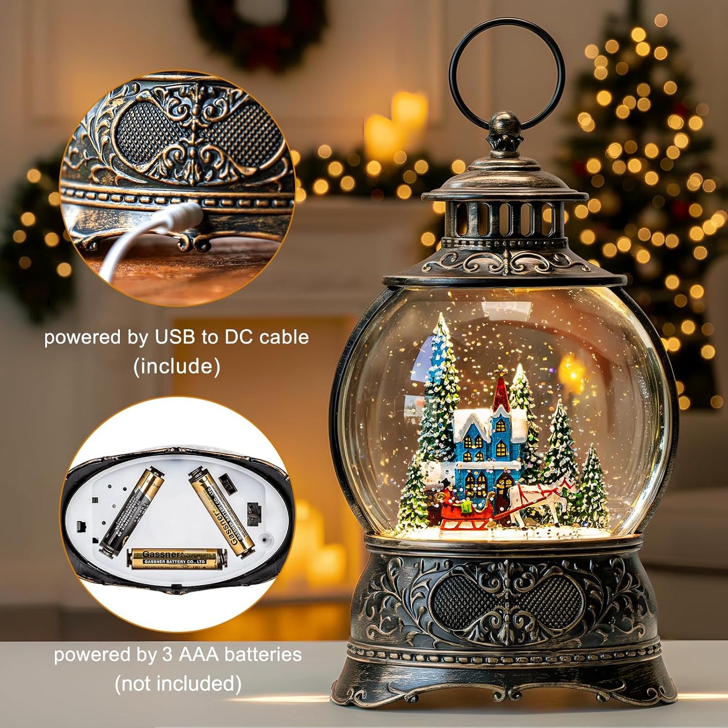 Regine Switzerland Christmas Snow Globe - Musical Water Lantern with Timer & USB/Battery Operation | Blue Church Design