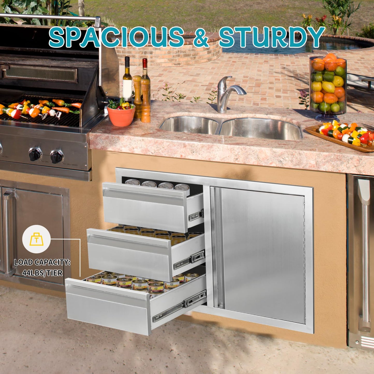 FORJAMINT Outdoor Kitchen Door Drawer Combo Cabinet,38.1W x 22.6H x 20.8D Stainless Steel with Handles,Triple Drawers & BBQ Access Combo for Outdoor Kitchen Island (Drawer and Right Door Combo)