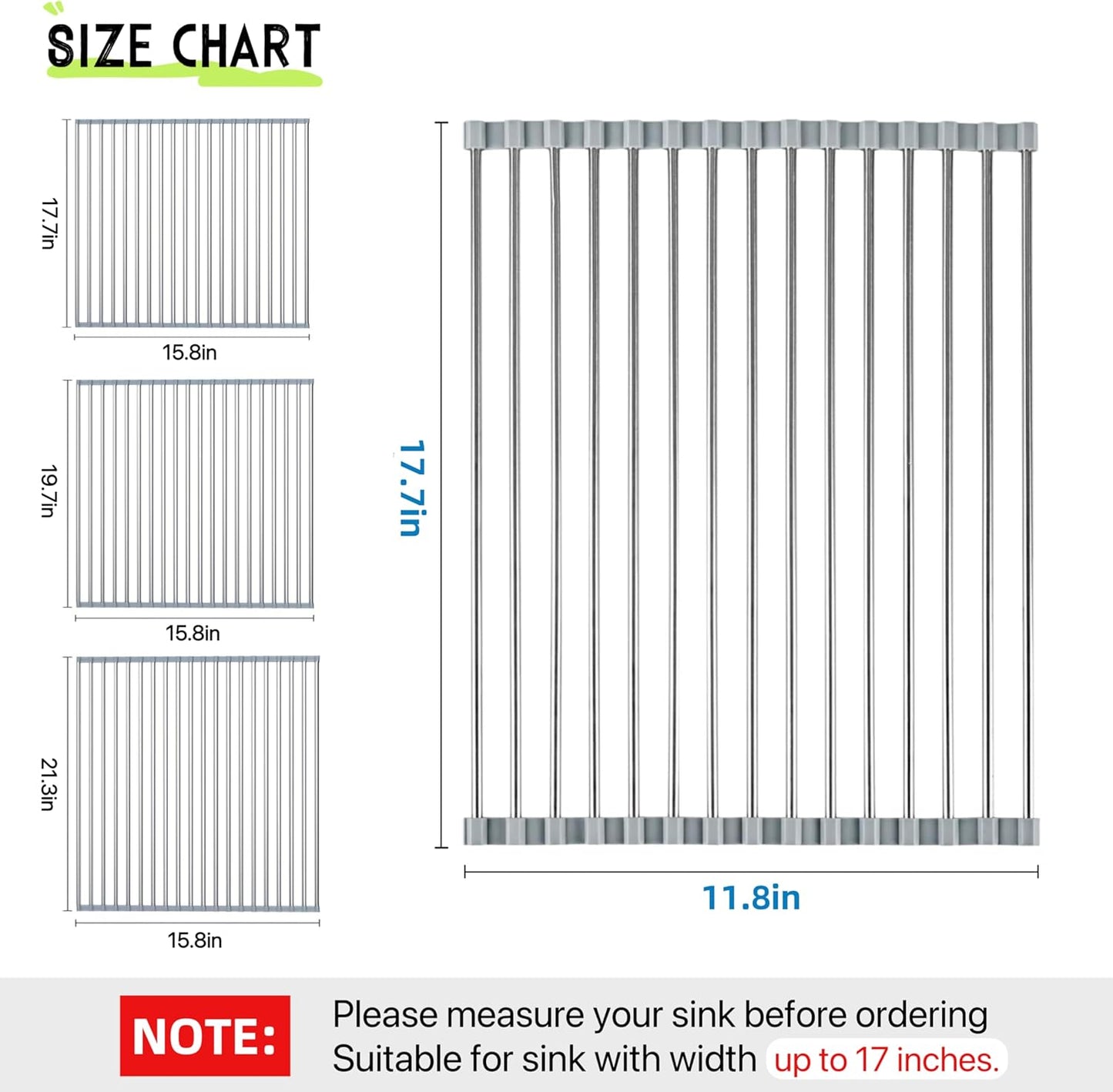 Skiennix Roll Up Dish Drying Rack - Foldable Stainless Steel Kitchen Rack | 17.7" x 11.8" (Grey)