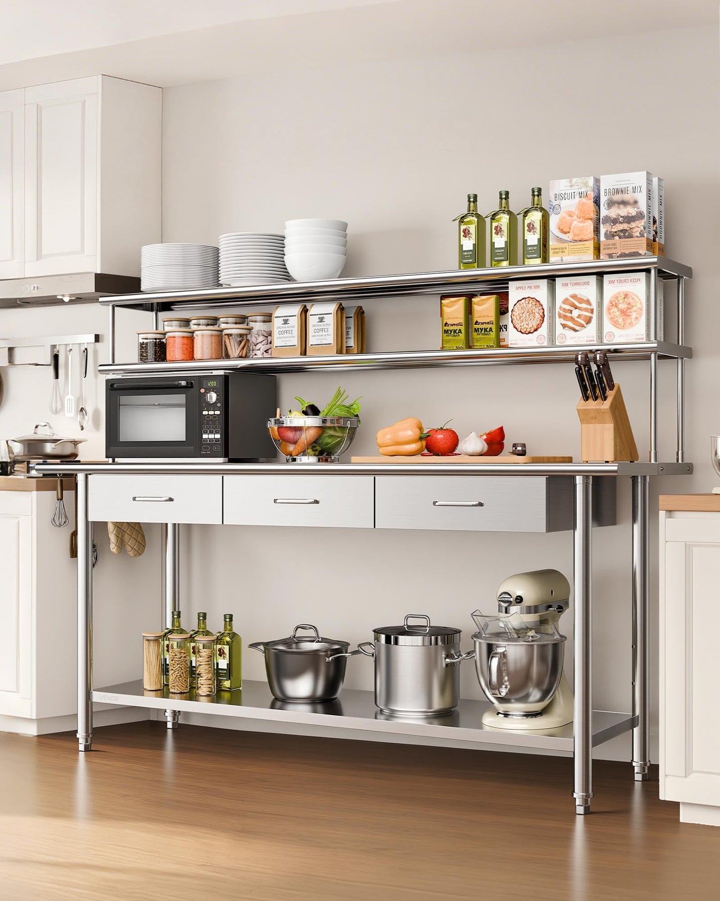 VEVOR Stainless Steel Work Table, 24x72 Inch Food Prep Table with Overshelves and 3 Drawers, Commercial Kitchen Workstation with Adjustable Undershelf, Metal Utility Worktable, for Restaurant Garage