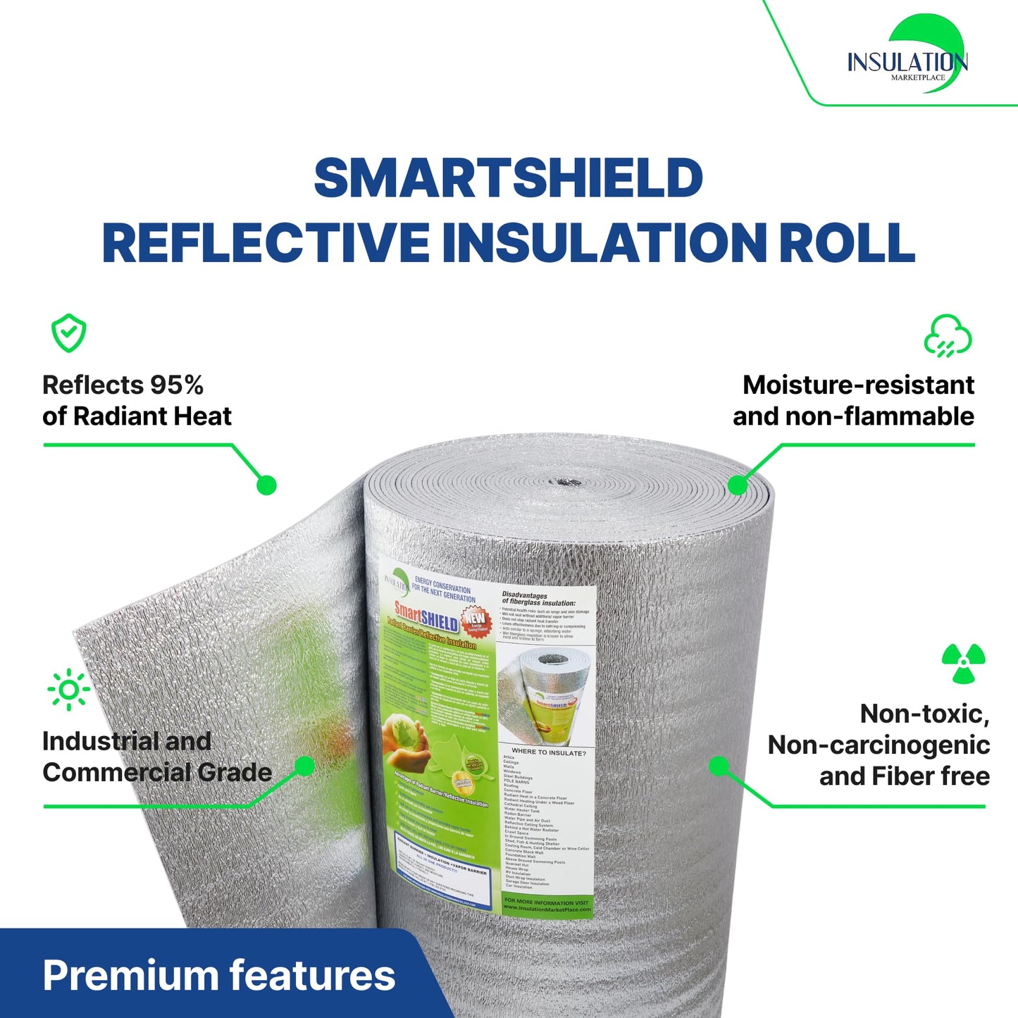 SmartSHIELD -5mm 48''X50ft R17 Reflective Insulation Roll, Foam Core Radiant Barrier, Thermal Insulation - FOIL / FOIL