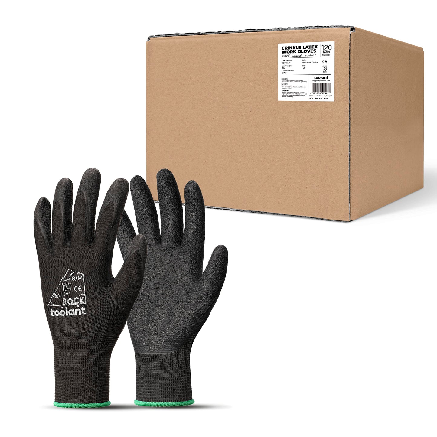 toolant Crinkle Latex Work Gloves Bulk, Rubber Coated Safety Work Gloves for Men and Women, 120 Pairs for Construction, Gardening, Warehouse (Black, Medium)