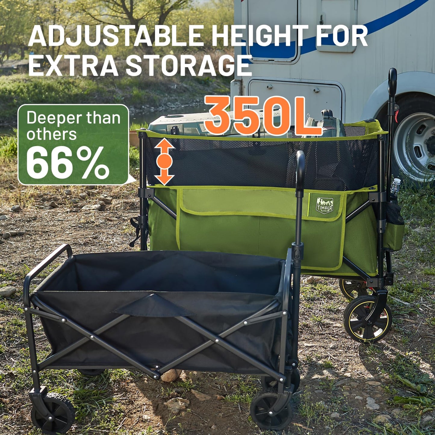 Timber Ridge Collapsible Folding Wagon 350L Extra Large with Brake, Heavy Duty Camping Utility Cart Outdoor, Extended Height Adjustable Handle, Cup Holders, Side Bag, Green
