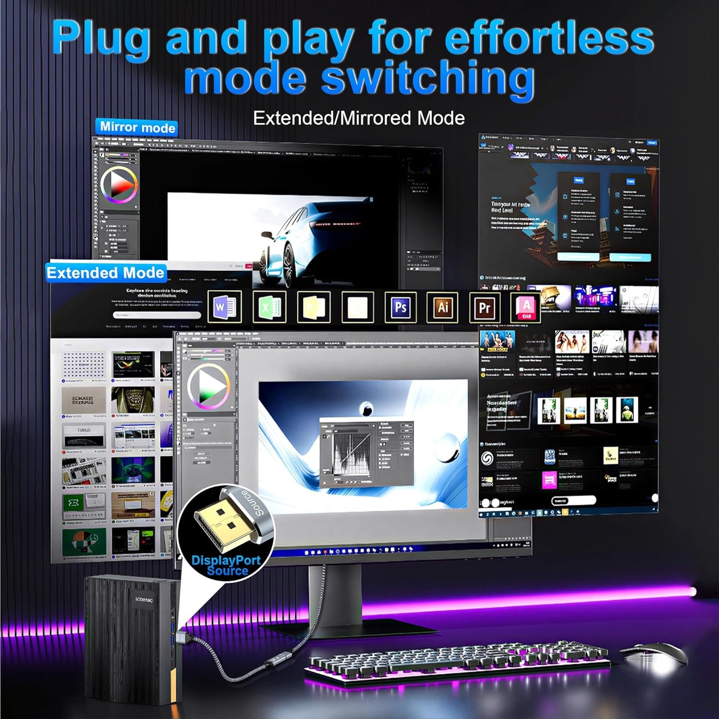 DGHUMEN 8K 1.4 2.1 8K 60Hz 4K 120Hz 5080/4090,RX 7900/6900 DisplayPort to HDMI Adapter / Unidirectional DP to HDMI