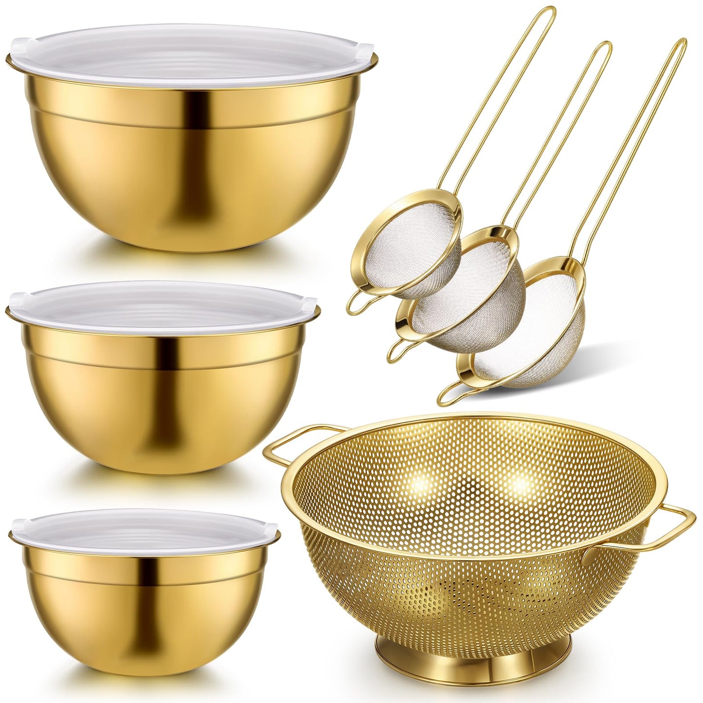 Baderke 7 Pcs Gold Kitchen Accessories Includes Stainless Steel Colander with Handles, 3 Gold Mixing Bowls with Airtight Lids and 3 Fine Mesh Strainer(Colander: 5 Qt, Mixing Bowls: 1.5/2/3 Qt)