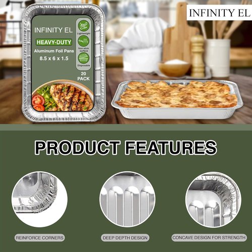 Infinity EL Aluminum Foil Pans - Heavy Duty Mini Shallow 8.5"x6"x1.5" | 20 Pack for Roasting & Baking