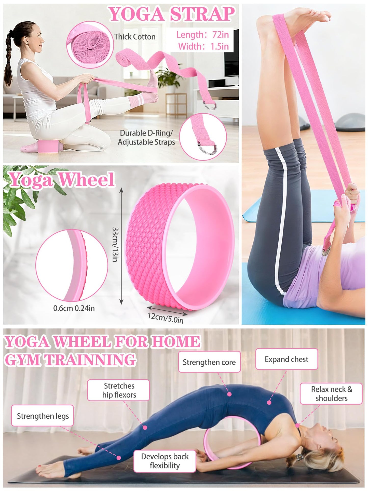 17 Pcs Yoga Essential Kit for Women, Pilates Equipment Starter Set for Beginners with Yoga Wheel Ball Blocks Strap Resistance Bands Wrist Rings Socks Towel & Carry Bag for Home Workouts(Pink)
