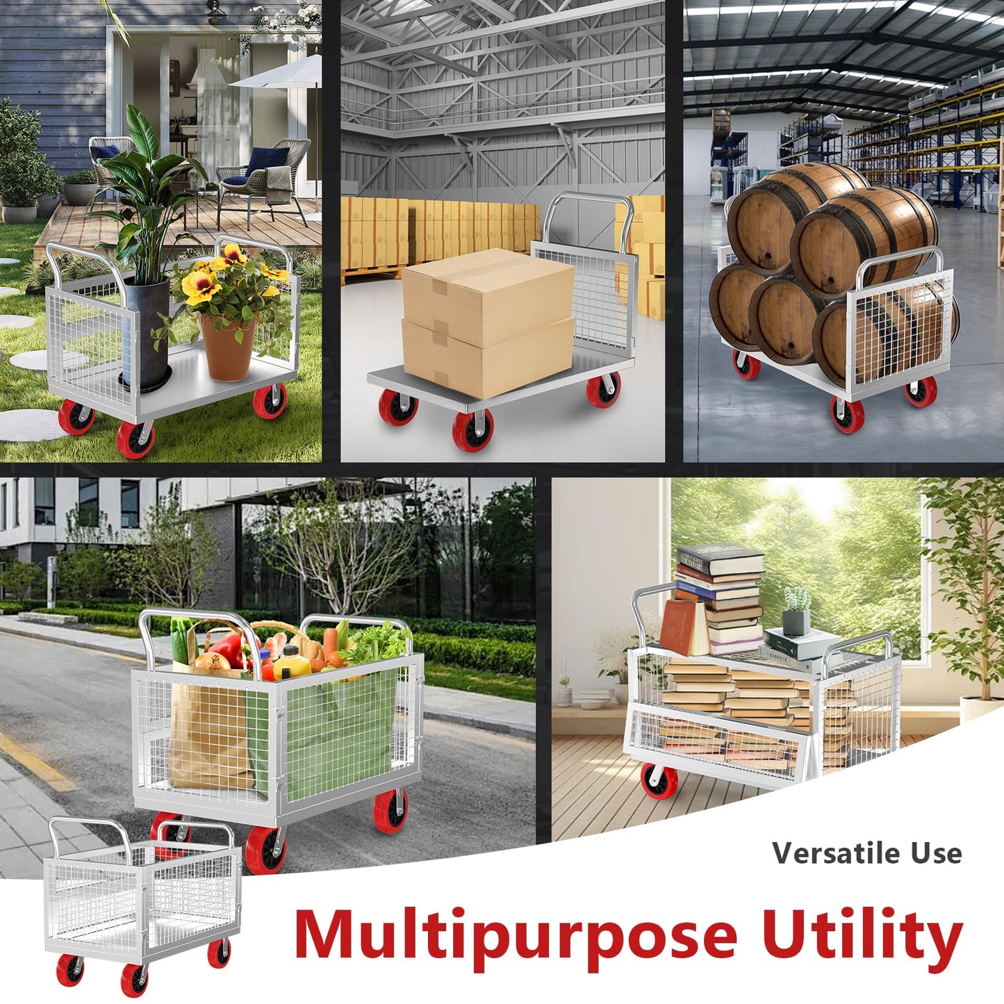 5IN1 Heavy Duty Platform Truck with Cage 40x24 Hand Truck,1800lbs Capacity Basket Cart w/Wheels, Multi-Functional Push Dolly w/6” Swivel Casters, Versatile Flatbed Cart