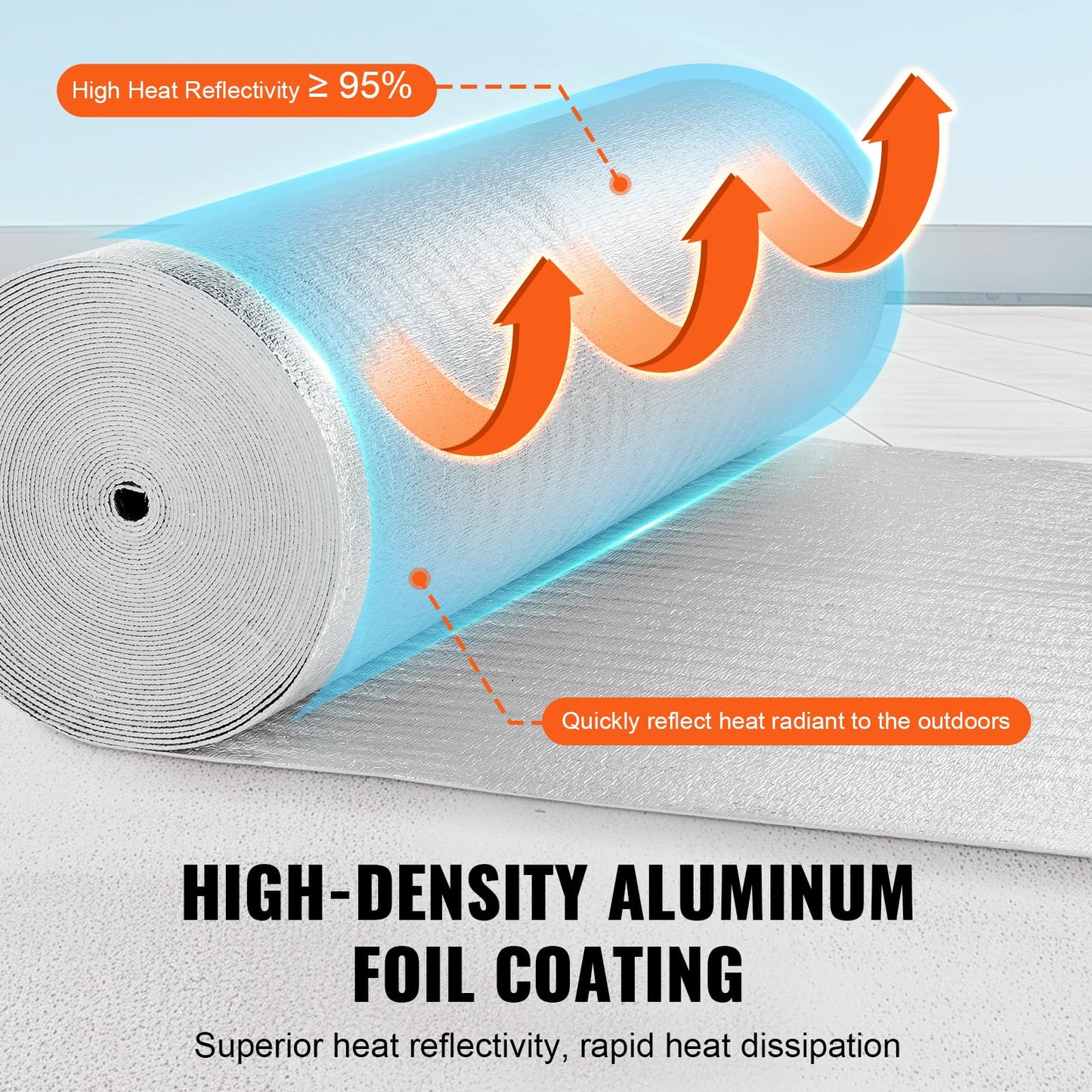 VEVOR Double Reflective Insulation Roll, Foam Core Radiant Barrier, 3.2 mm 48 in x 100 ft, Double-Sided Aluminum Foil EPE Foam Heat Reflective Shield, Thermal Insulation Roll for Window RV Roof