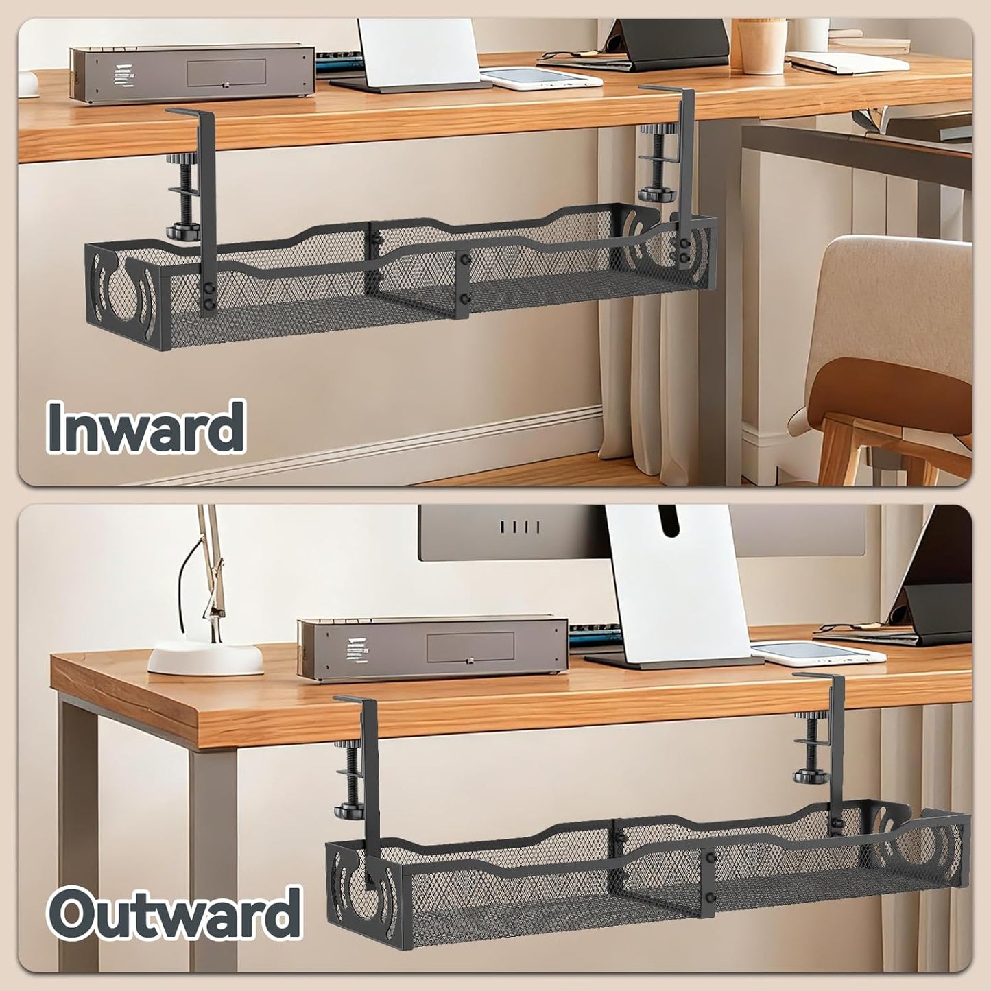 LOVJOYSE 25.3'' Cable Management, Under Desk Cable Management Tray No Drill, Metal Cable Organizer with Clamp for Wire