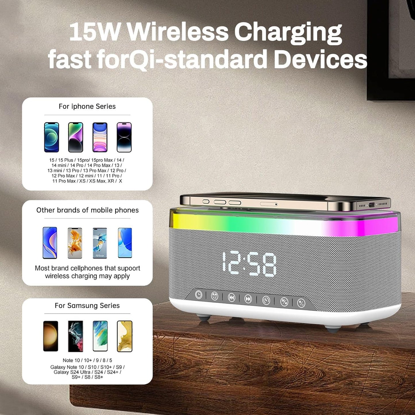 Strackvial 15W 2x10W 6 BT5.3/AUX/TF/USB, Bluetooth Speaker with Wireless Charging & Digital Clock, LED Display, Qi