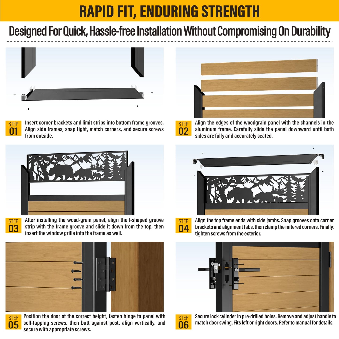 Brukid 4x5 FT Aluminum Fence Gate Kit Wood Grain Aluminum Gate with Decorative Cutout, Lock & Hinges, Left/Right Opening, Weather Resistant for Yard Garden Patio