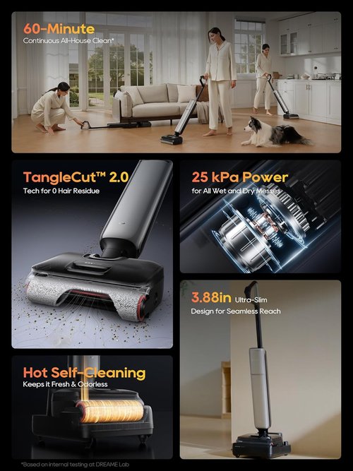 DREAME Aero Pro Wet Dry Vacuum Mop - Ultra-Slim Design with Self-Cleaning & Self-Drying | 60 Min Runtime for Pet Owners