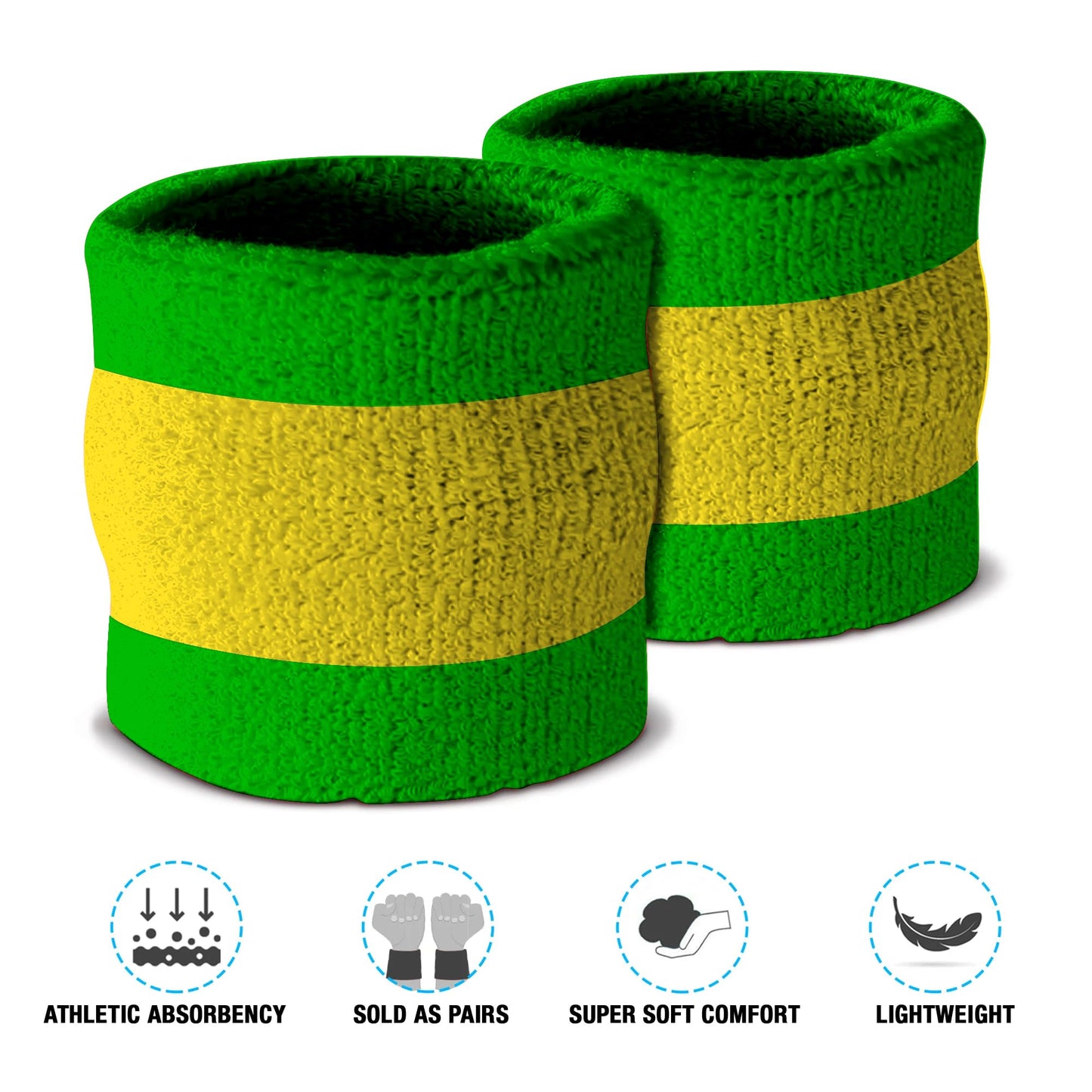 Suddora Striped Sweatband Set, Moisture Wicking 2 Wristbands and 1 Headband, Breathable Athletic Sweat Bands for Sports, Costumes & Cosplay, Matching Bands to Wear with Jersey, Green Yellow Green