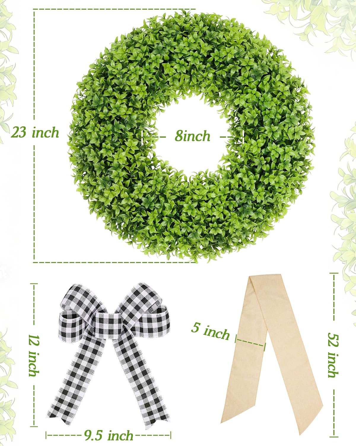 Vlorart 23-Inch Large Boxwood Door Wreath - All-Season Artificial Greenery with Sash & Bow for Indoor/Outdoor Decor